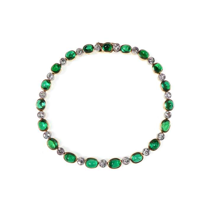 Cabochon emerald and diamond collet line bracelet, c.1915,